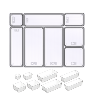 Container in verschiedenen Größen, außen beschriftet: MINI, XS, S, M, XL, transparent nebeneinander angeordnet.