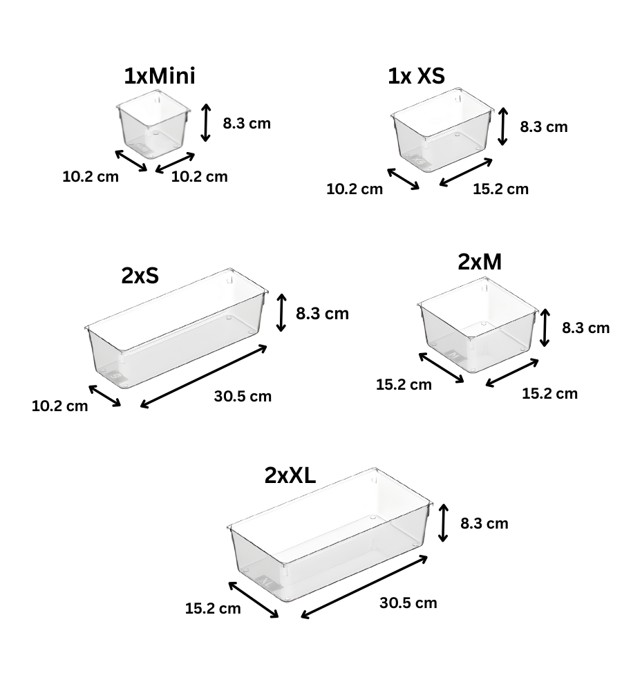 Diagramm von acht durchsichtigen Aufbewahrungsbehältern in verschiedenen Größen aus dem BNB x VCN Schubladen Organizer - Set KLAR - HOCH (8-Teilig), mit Höhen von 8,3/10,2 cm, Breiten von 10,2/15,2 cm und Längen von 15,2/30,5 cm für perfekte Schubladen Ordnung.