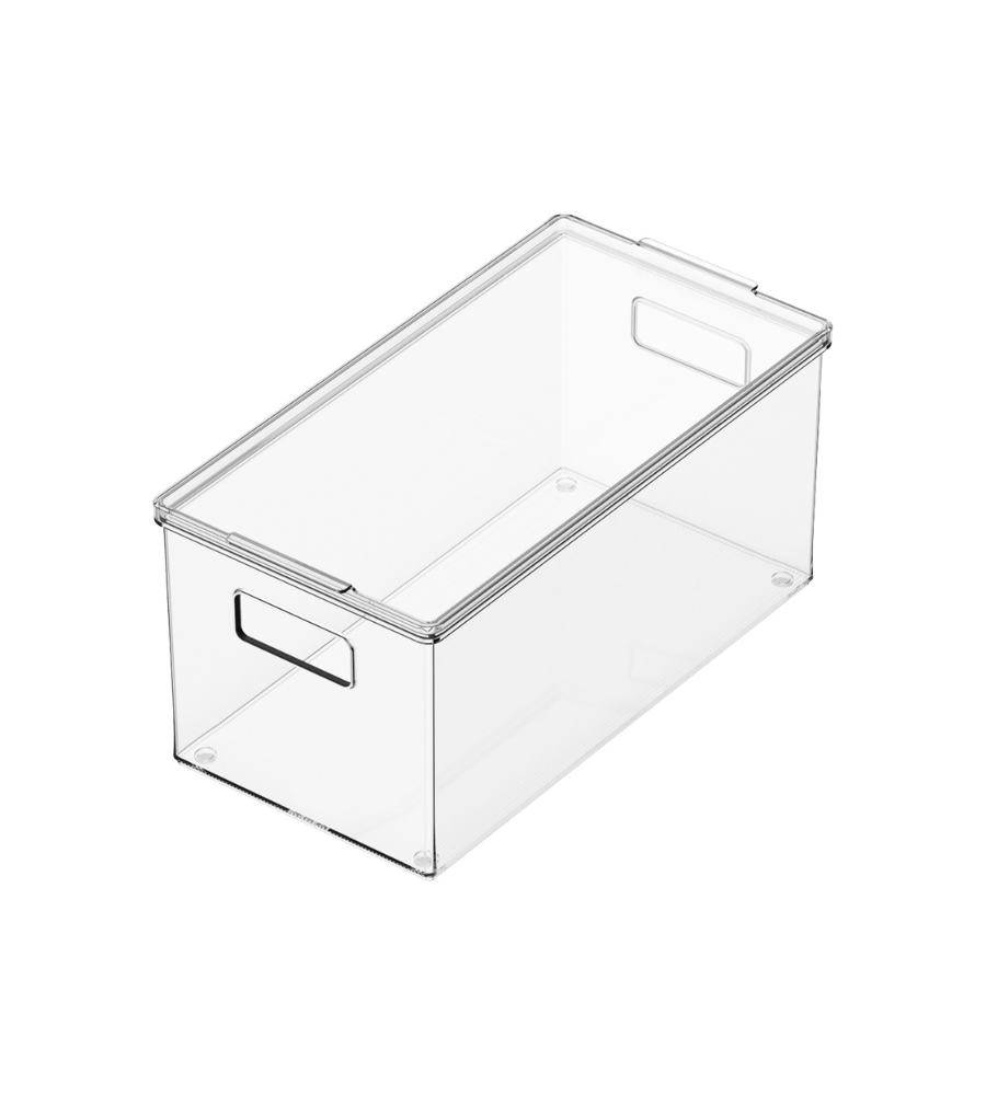 The BNB x VCN storage container with lid CLEAR - Various sizes Extra long is a clear, rectangular storage container with two cut-out handles and a smooth, transparent surface, perfect for easy organization. Pictured empty on a white background.