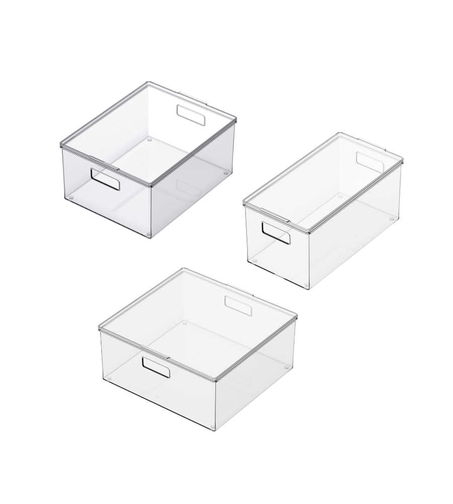 Three BNB x VCN storage containers with lids KLAR in various sizes and shapes, including two large and one extra-long, smaller container, are stacked with integrated handles on a white background.