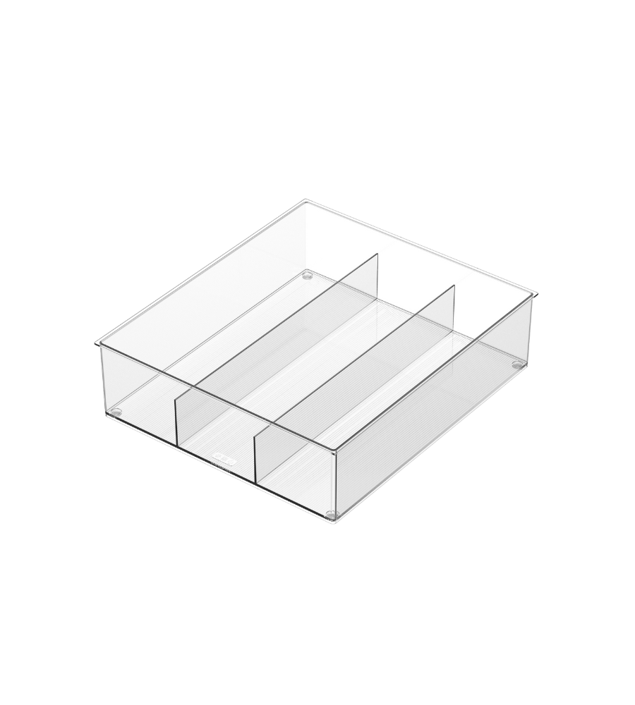 Der BNB x VCN Schubladen Organizer KLAR 3 Fächer (38x33,3x10 cm) ist ein transparentes Acryltablett mit drei Trennwänden, die vier Fächer bilden - ideal für tiefe Schubladen und auf einem schlichten weißen Hintergrund abgebildet.