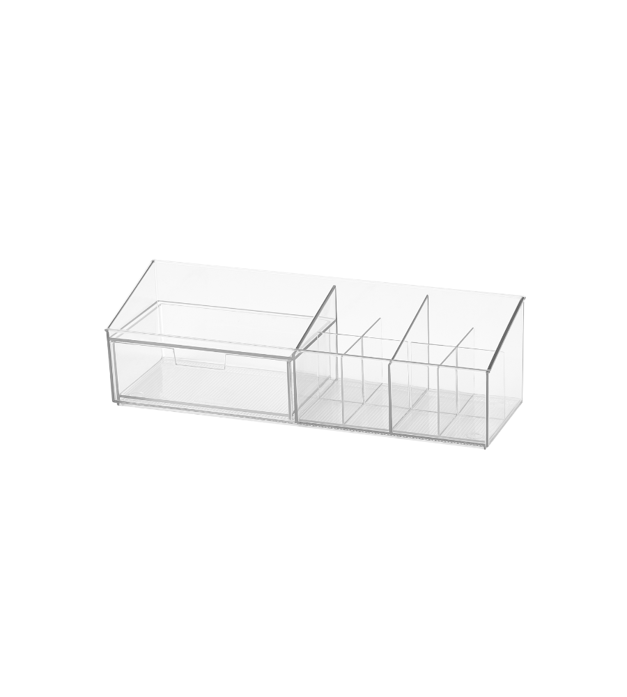 Der BNB x VCN Multi-Organizer KLAR (30,6x9x9cm) zeichnet sich durch ein transparentes Design mit einer ausziehbaren Schublade auf der linken Seite und mehreren offenen Fächern auf der rechten Seite aus, die auf einem schlichten weißen Hintergrund abgebildet sind.