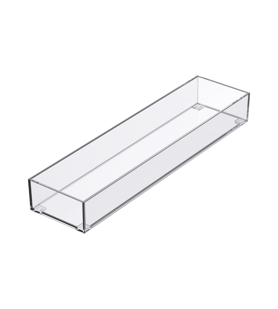 Der SLIDE Schubladen Organizer KLAR von BNB x VCN ist ein klarer, rechteckiger Acrylbehälter mit geraden Seiten und offener Oberseite, ideal zum Stapeln und Organisieren von Schubladen. Abgebildet vor einem weißen Hintergrund.