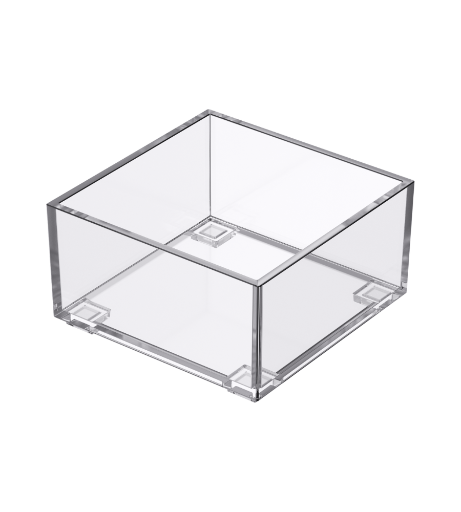Der SLIDE Schubladen Organizer KLAR von BNB x VCN ist eine klare, quadratische Acrylbox mit transparenten Seiten - perfekt als stapelbarer Schubladen Organizer, hier auf weißem Hintergrund.