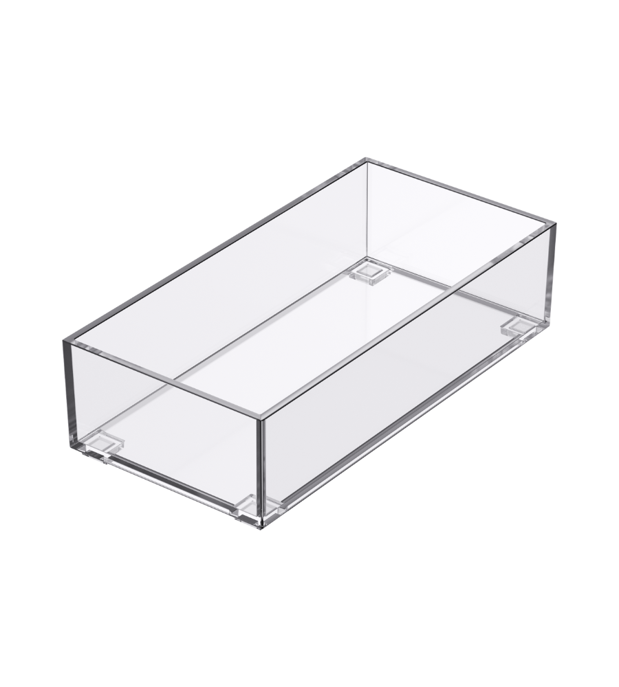 Der SLIDE Schubladen Organizer KLAR von BNB x VCN ist eine klare, rechteckige Aufbewahrungsbox aus Acryl ohne Deckel, ideal zum Stapeln in Schubladen. Abgebildet auf einfarbig weißem Hintergrund.