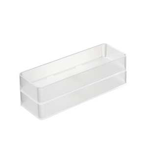 Der YAMAZAKI TOWER Schubladen Organizer Weiss L, Set 2 Stk. besteht aus klaren, rechteckigen Acrylboxen mit glatten Kanten und offener Oberseite, die sich ideal als stapelbare Schubladenorganizer eignen.