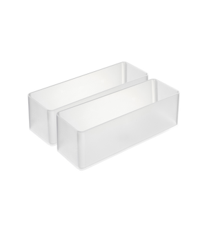 Zwei weiße, rechteckige YAMAZAKI TOWER Schubladen Organizer Weiss L DEEP (2er-Set) stehen nebeneinander auf einem unifarbenen Untergrund - ideal für eine effiziente Schubladenorganisation.