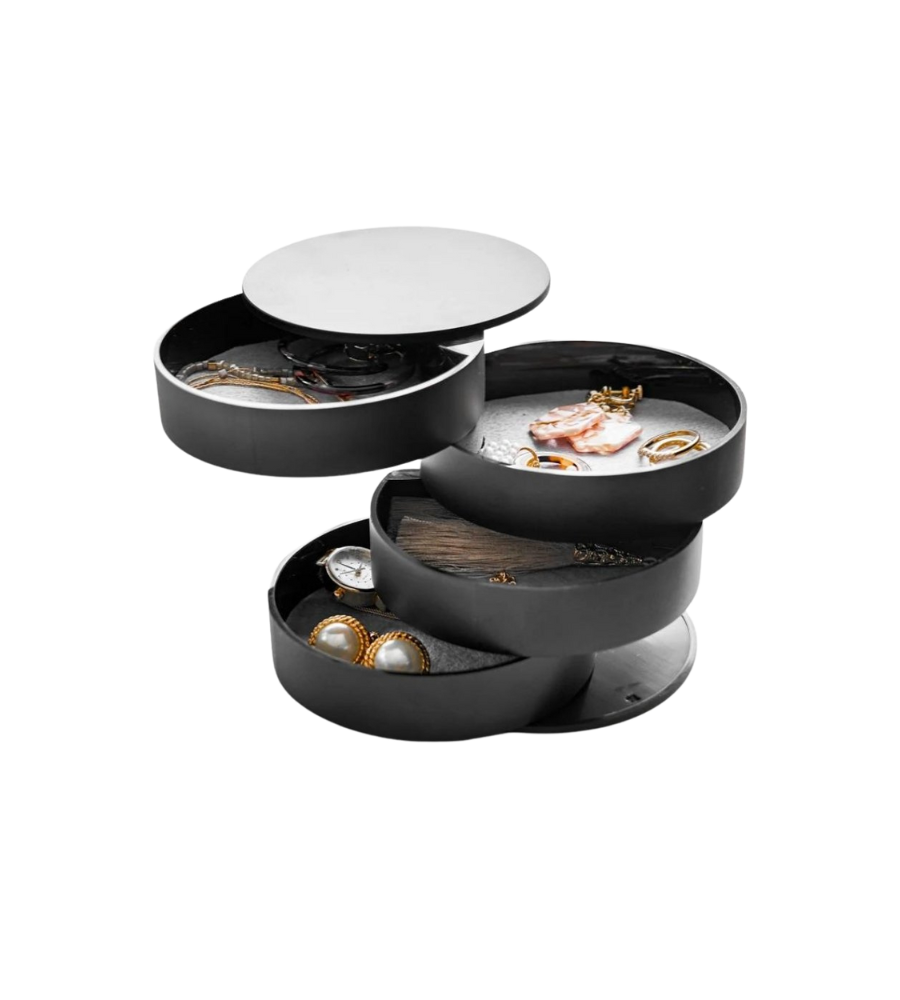 Die YAMAZAKI TOWER Schmuckbox mit 4 Fächern in Schwarz hat drehbare Ebenen und präsentiert Ringe, Ohrringe und Ketten stilvoll - ideal für elegante Schmuckaufbewahrung.