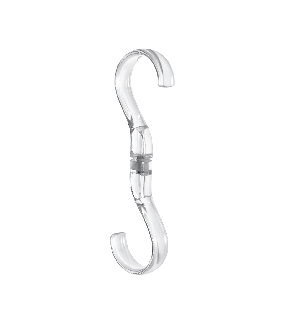 Der HOME EDIT - S-Haken KLAR von iDesign ist ein transparenter, S-förmiger Kunststoffhaken mit beidseitig gebogenen Enden und glatter Oberfläche - perfekt für platzsparende Kleiderschrank-Organisation.