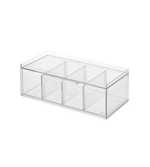 Die iDesign CRISP - Aufbewahrungsbox Tee KLAR mit vier herausnehmbaren Fächern wird auf schlichtem weißem Hintergrund präsentiert.