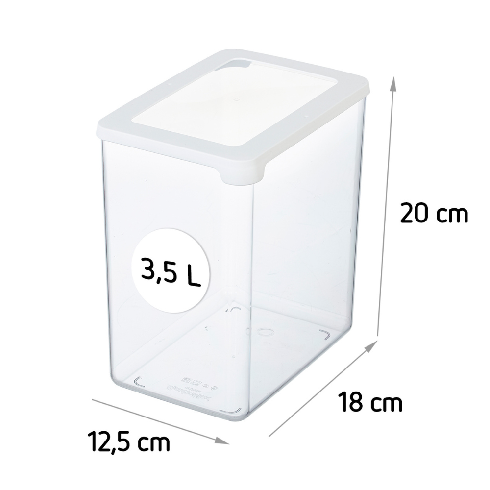 The Orthex SmartStore Clear & White Storage Container is a clear, rectangular 3.5-liter plastic container with an airtight white lid and dimensions of 20x18x12.5 cm—perfect for organized and stackable storage.