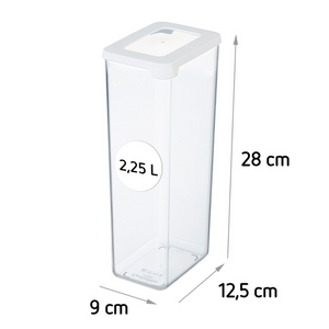Die Orthex SmartStore Vorratsdosen KLAR - Weiss ist ein transparenter, rechteckiger 2,25-Liter-Behälter mit weißem Deckel (28x12,5x9 cm), stapelbar und luftdicht-perfekt für frische, organisierte Aufbewahrung.