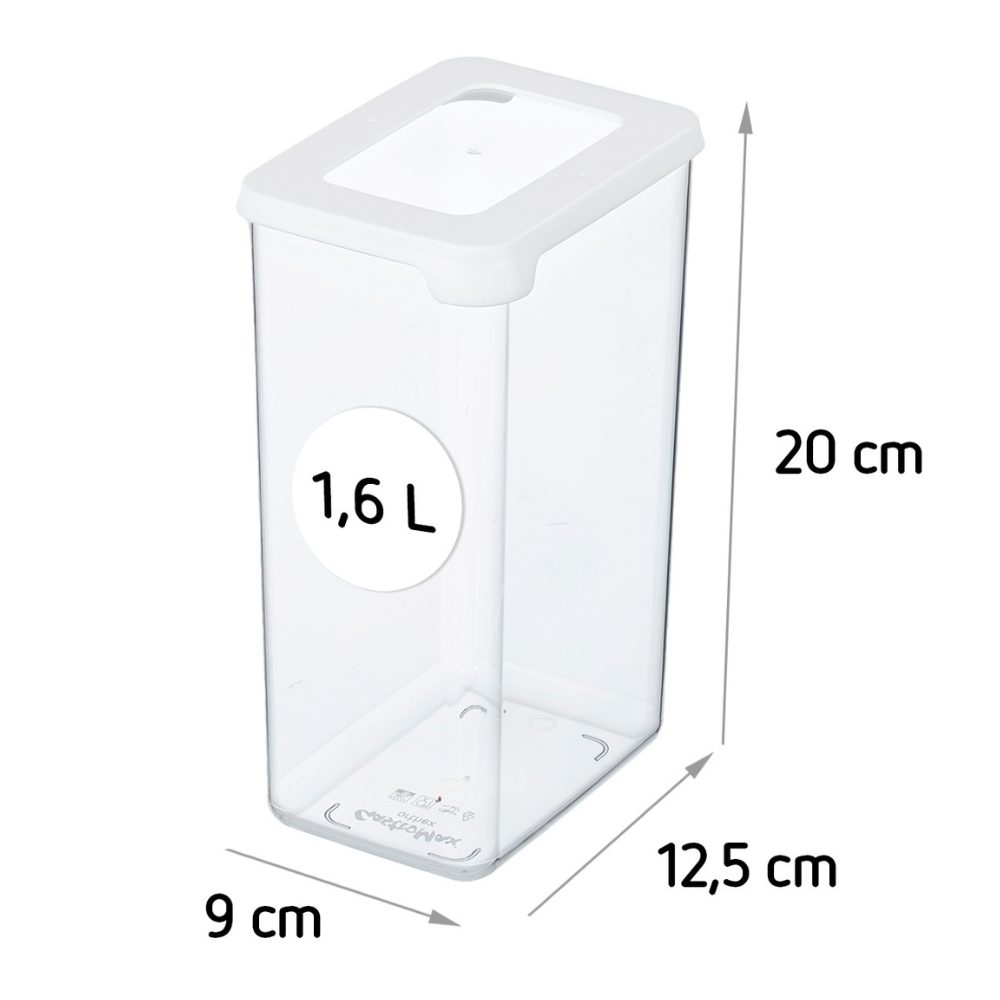 Die Orthex SmartStore Vorratsdosen KLAR - Weiss ist ein 1,6 L Behälter aus klarem Kunststoff mit weißem Deckel, luftdicht für Frische. Mit den Maßen 20x12,5x9 cm ist er stapelbar für die organisierte Aufbewahrung.