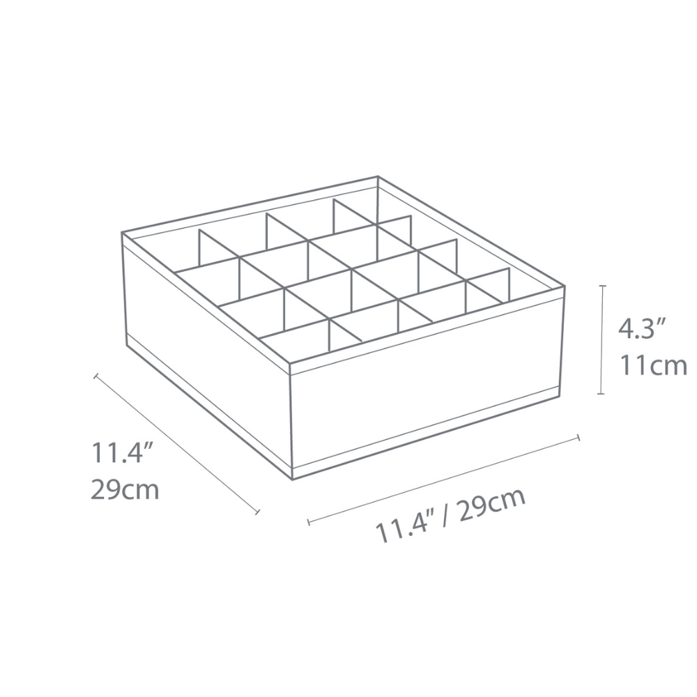 Eine Strichzeichnung des Bigso SOFT Organizer Grau mit 16 Fächern. Abmessungen: 29 cm breit/lang, 11 cm hoch.