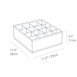Eine Strichzeichnung des Bigso SOFT Organizer Grau mit 16 Fächern. Abmessungen: 29 cm breit/lang, 11 cm hoch.