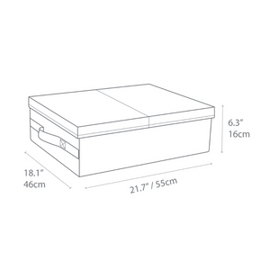Strichzeichnung der Bigso SOFT Aufbewahrungsbox Grau mit Griff, Maße: 21,7/55cm L, 18,1/46cm B, 6,3/16cm H - ideal für die Unterbett-Lagerung.