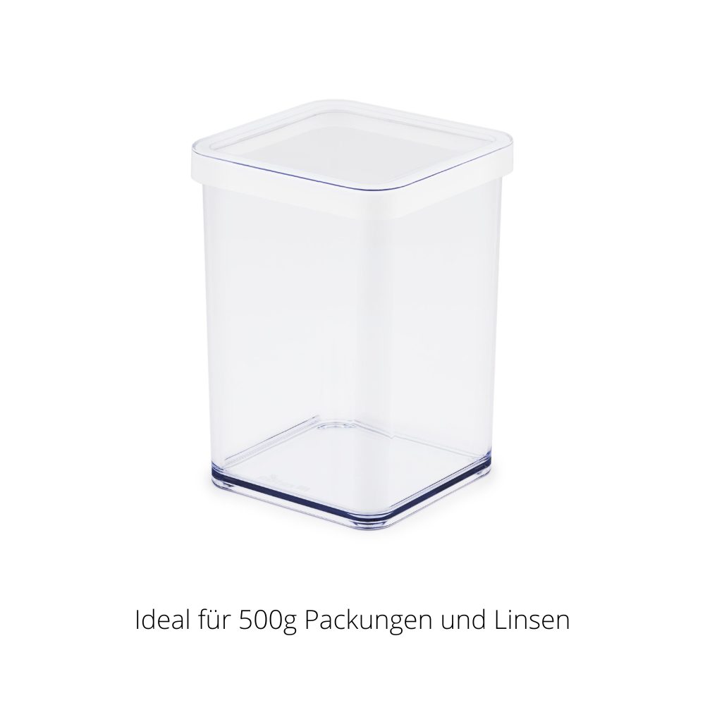 Transparenter Kunststoffbehälter mit Deckel vor weißem Hintergrund. Text: „Ideal für 500g Packungen und Linsen“.