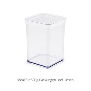 Transparenter Kunststoffbehälter mit Deckel vor weißem Hintergrund. Text: „Ideal für 500g Packungen und Linsen“.