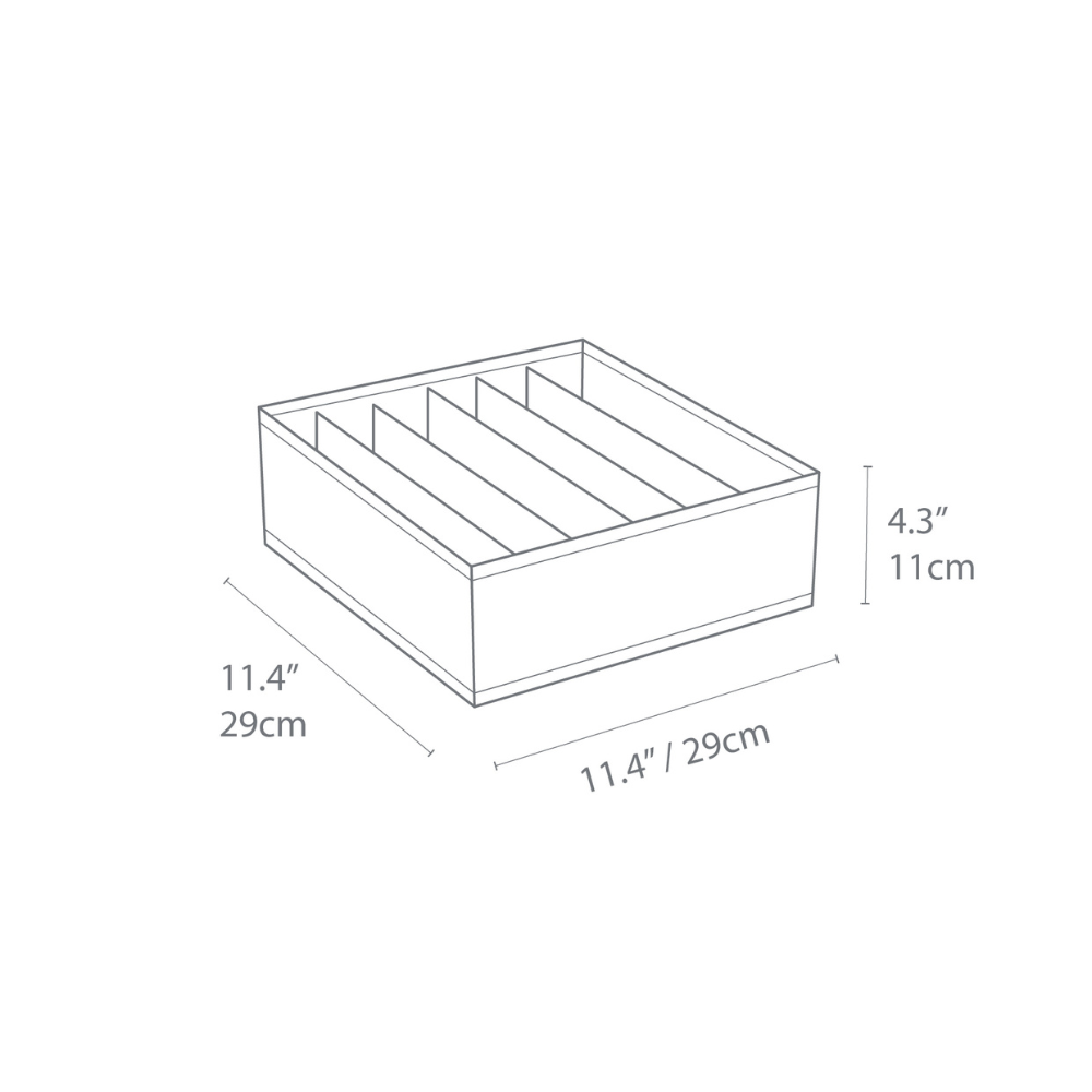 Strichzeichnung des Bigso SOFT Organizer Grau - 6 Fächer breit, einer rechteckigen Box mit fünf Fächern, die 11,4" (29 cm) breit/lang und 4,3" (11 cm) hoch ist - ideal als Aufbewahrungsbox Unterwäsche.