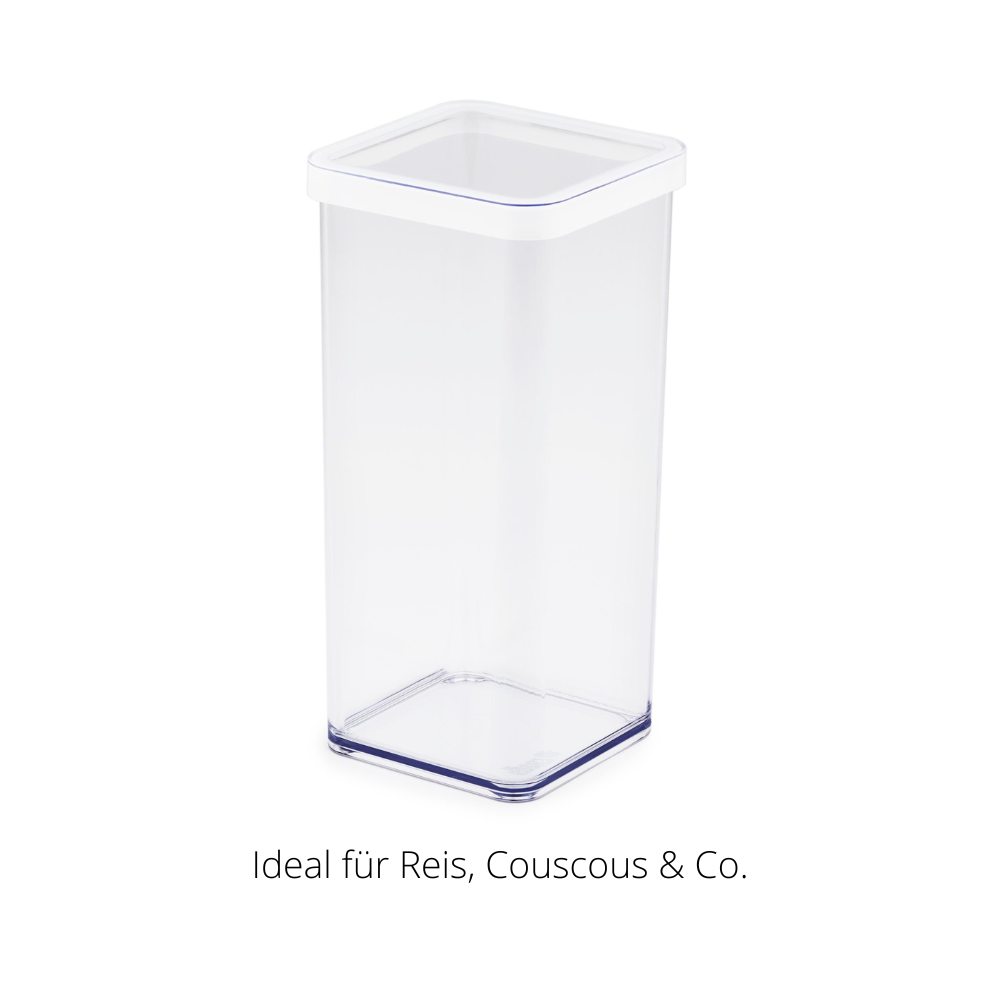 Durchsichtiger Kunststoffbehälter mit weißem Deckel, Text: „Ideal für Reis, Couscous & Co.“