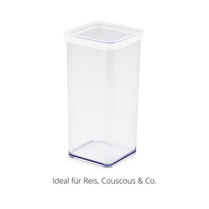 Durchsichtiger Kunststoffbehälter mit weißem Deckel, Text: „Ideal für Reis, Couscous & Co.“