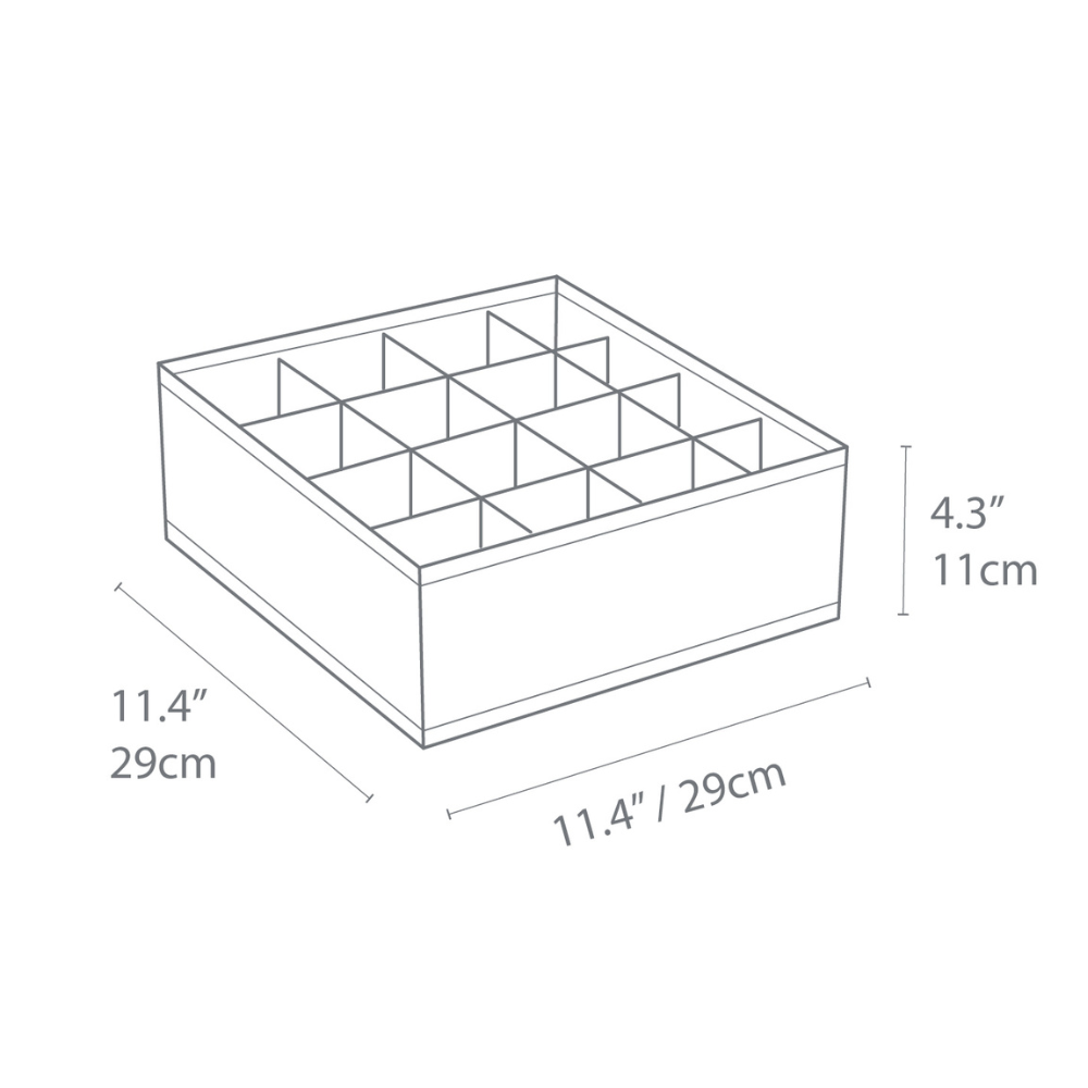 Strichzeichnung des Bigso SOFT Organizer Beige – 16 Fächer, einer quadratischen Box mit 16 Fächern, misst 11,4 Zoll (29 cm) pro Seite und 4,3 Zoll (11 cm) in der Höhe – ideal für vielseitige Aufbewahrung.