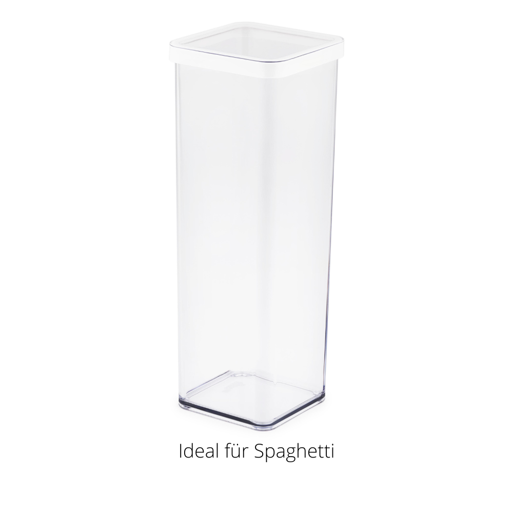 Vorratsbehälter mit weißem Deckel, stehend auf weißem Hintergrund. Text: „Ideal für Spaghetti“.