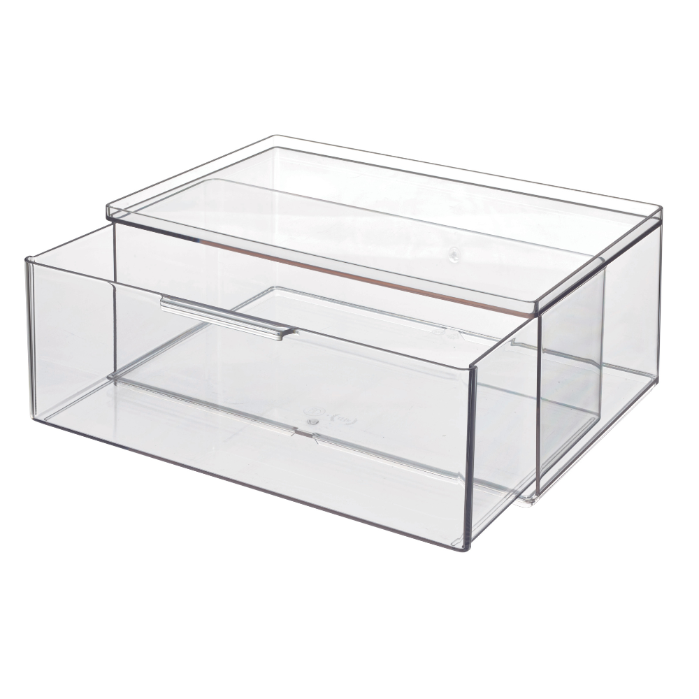 Der iDesign HOME EDIT Organizer mit Schublade modular - in verschiedenen Größen - ist eine transparente, rechteckige Aufbewahrungsbox und eignet sich perfekt zum Ordnen von Gegenständen. Die Box ist leer und steht vor weißem Hintergrund.