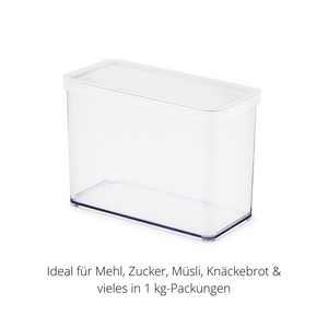 Rechteckiger Kunststoffbehälter mit Deckel, stehend auf weißem Hintergrund. Text: „Ideal für Mehl, Zucker, Müsli, Knäckebrot“.
