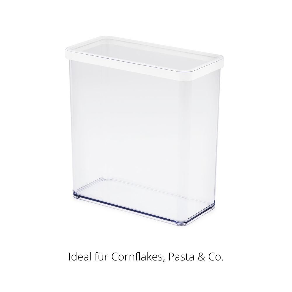 Kunststoffbehälter mit weißem Deckel, stehend aufrecht. Text: „Ideal für Cornflakes, Pasta & Co.“