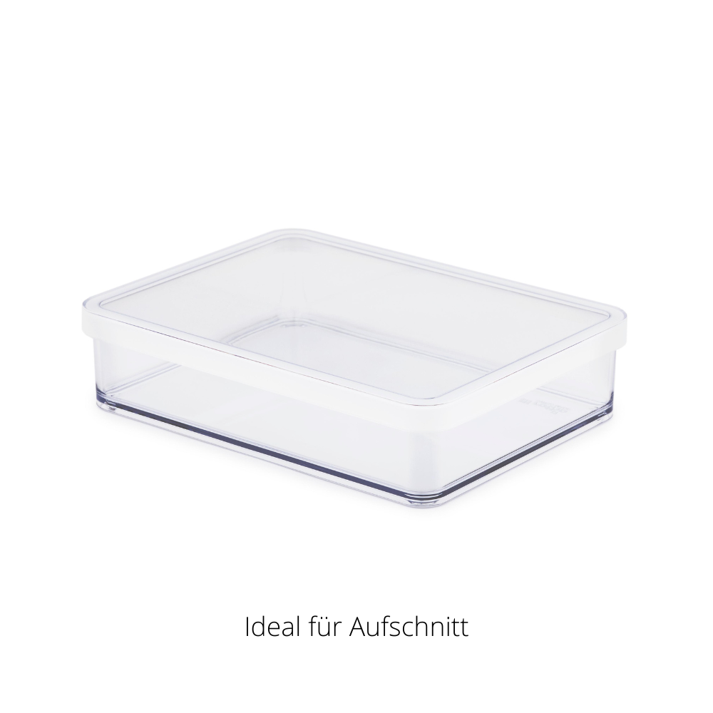 Rechteckige Frischhaltebox auf hellem Hintergrund. Text: „Ideal für Aufschnitt“.