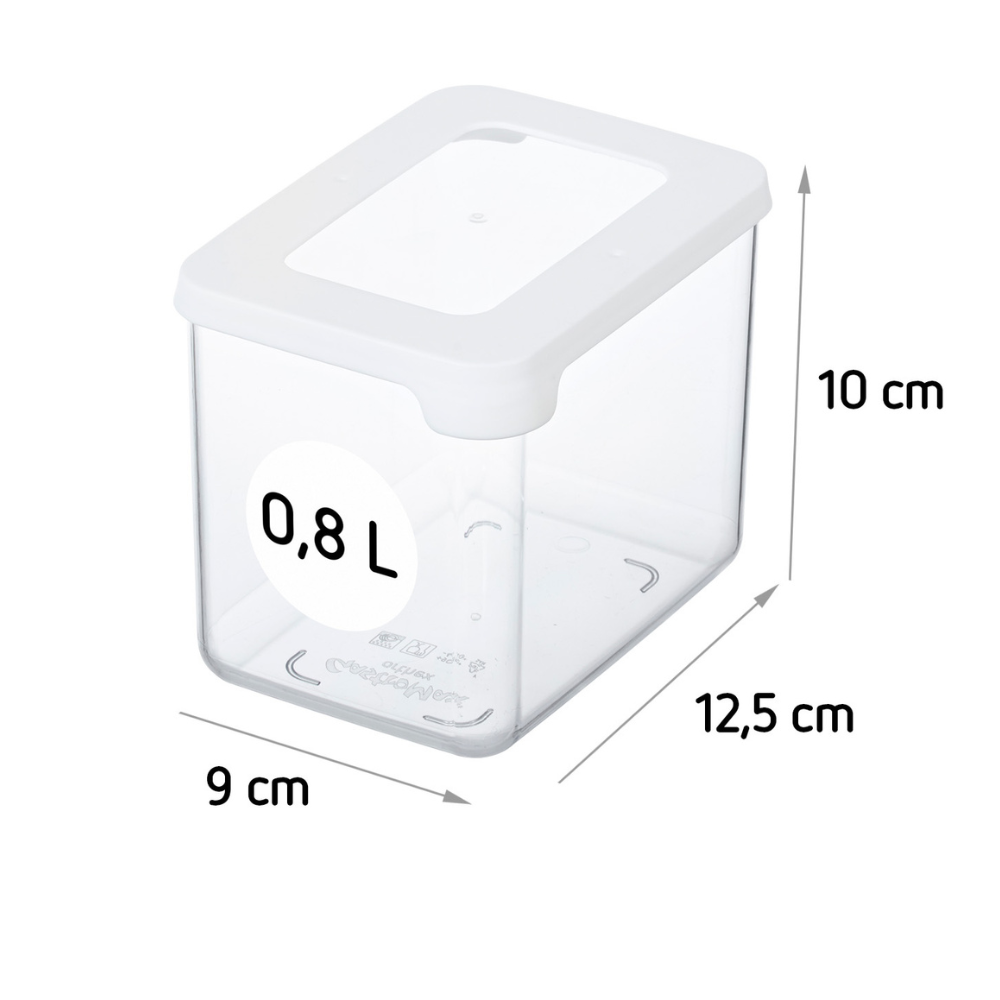 The Orthex SmartStore KLAR storage container - white is a 0.8-liter storage container made of clear plastic with a white lid. It is airtight, stackable, and measures 10 cm in height, 12.5 cm in width, and 9 cm in depth for fresh and organized food storage.